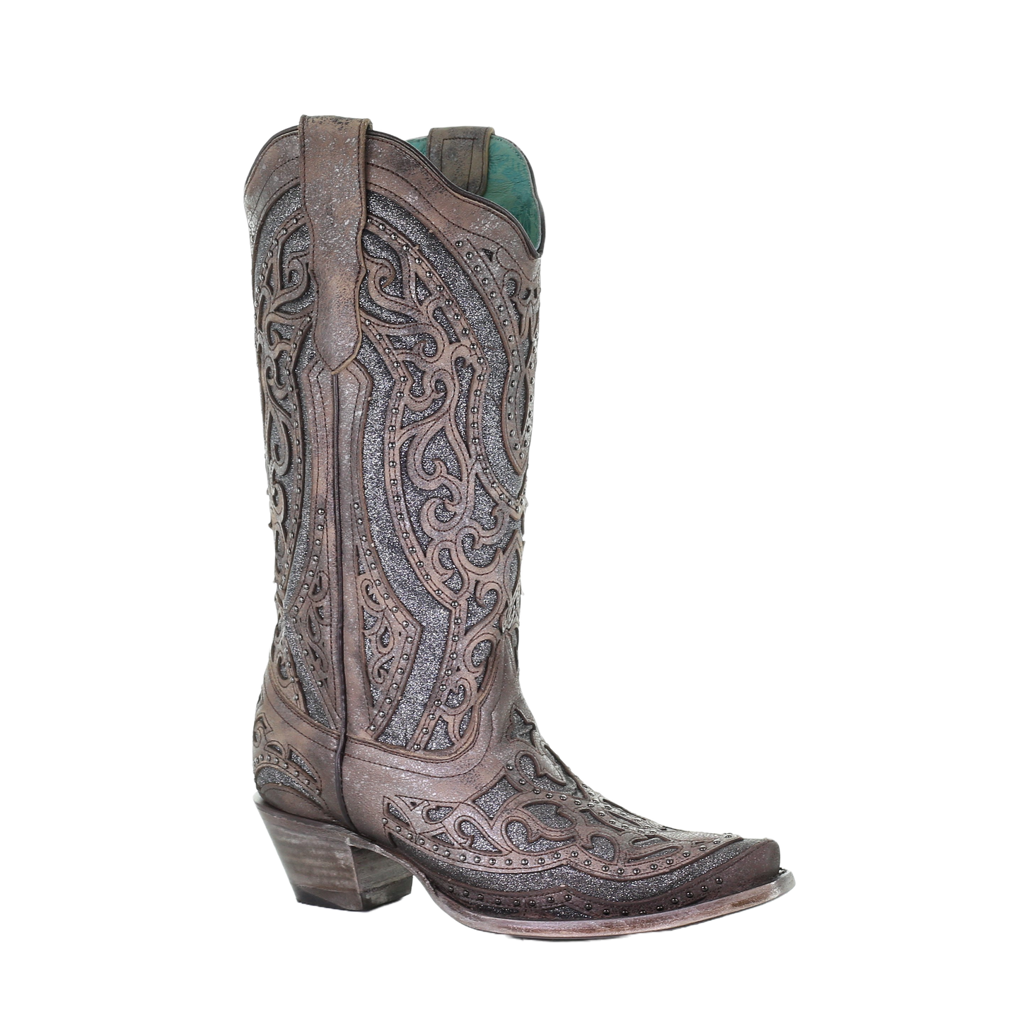Corral Ladies Brown Grey Inlay & Studs Snip Toe Boots E1569