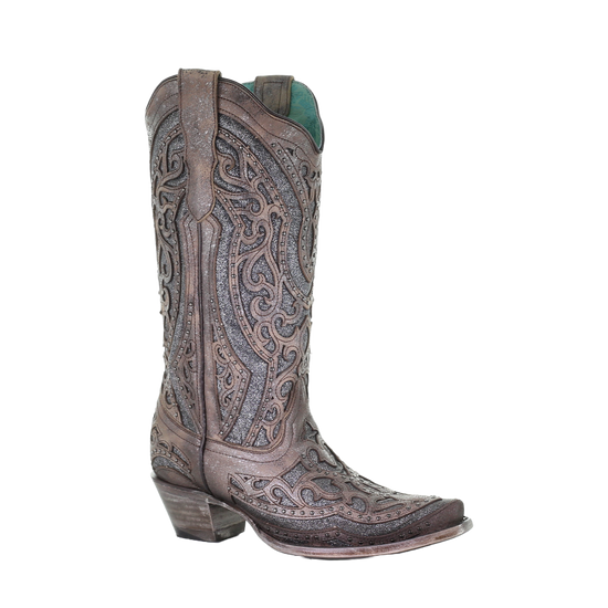 Corral Ladies Brown Grey Inlay & Studs Snip Toe Boots E1569