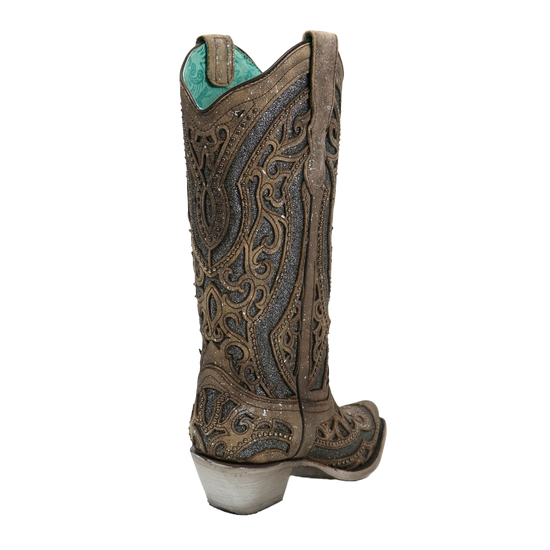 Corral Ladies Brown Grey Inlay & Studs Snip Toe Boots E1569