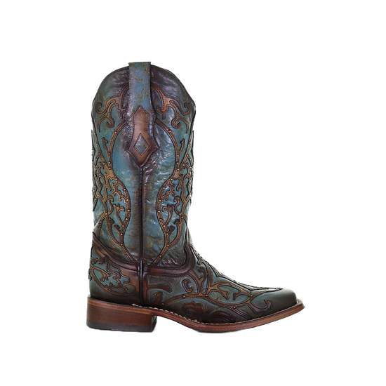 Corral Ladies Overlay Embroidery Turquoise & Brown Leather Boots C3768