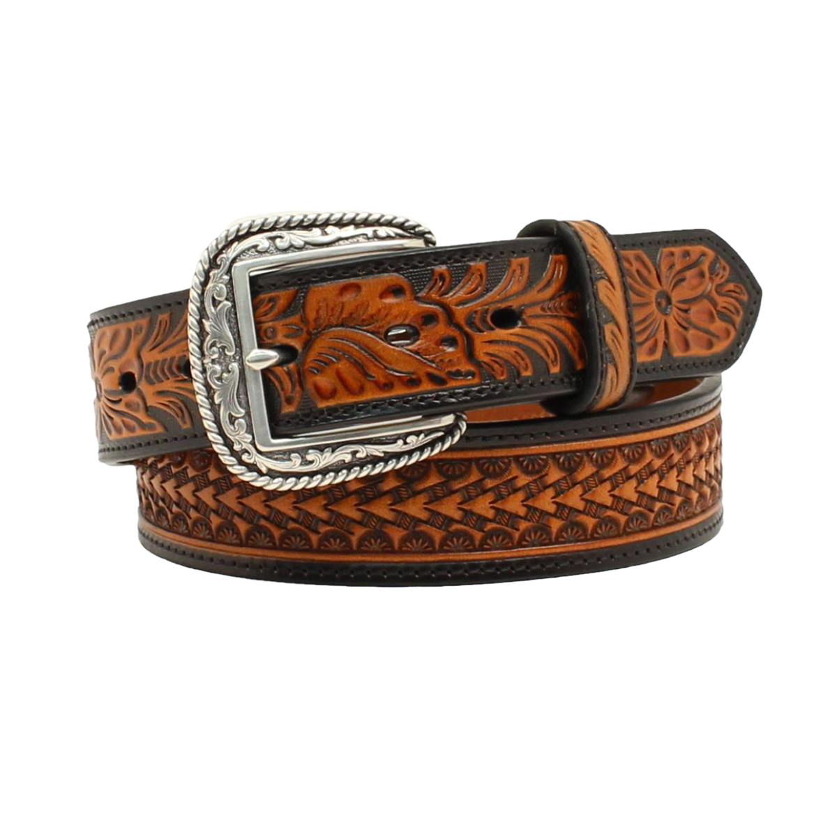Ariat Men's Floral Embossed Black and Tan Leather Belt A1020867
