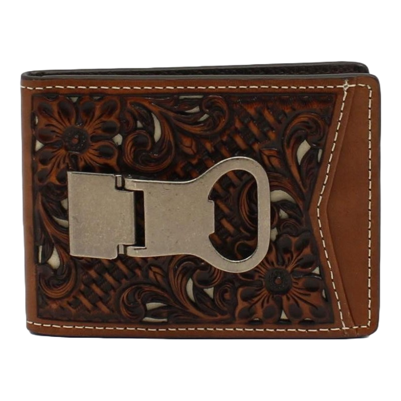 Load image into Gallery viewer, Nocona Men&amp;#39;s Floral Tooled Brown Money Clip Wallet N500015002
