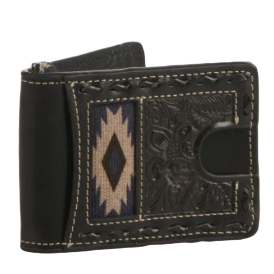 Nocona® Men's Tooled & Aztec Inlay Black Money Clip Wallet N500043001