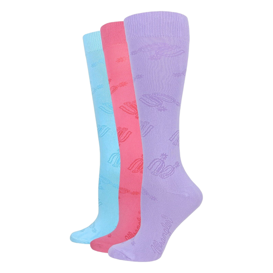Wrangler® Ladies 3-Pair Spur Strap Pattern Lilac/Light Blue/Pink Knee High Socks 00712-7002-MED
