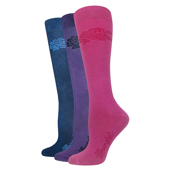 Wrangler® Ladies 3-Pair Rayon Rose Navy, Purple, & Hot Pink Crew Socks 00333-7000-MED