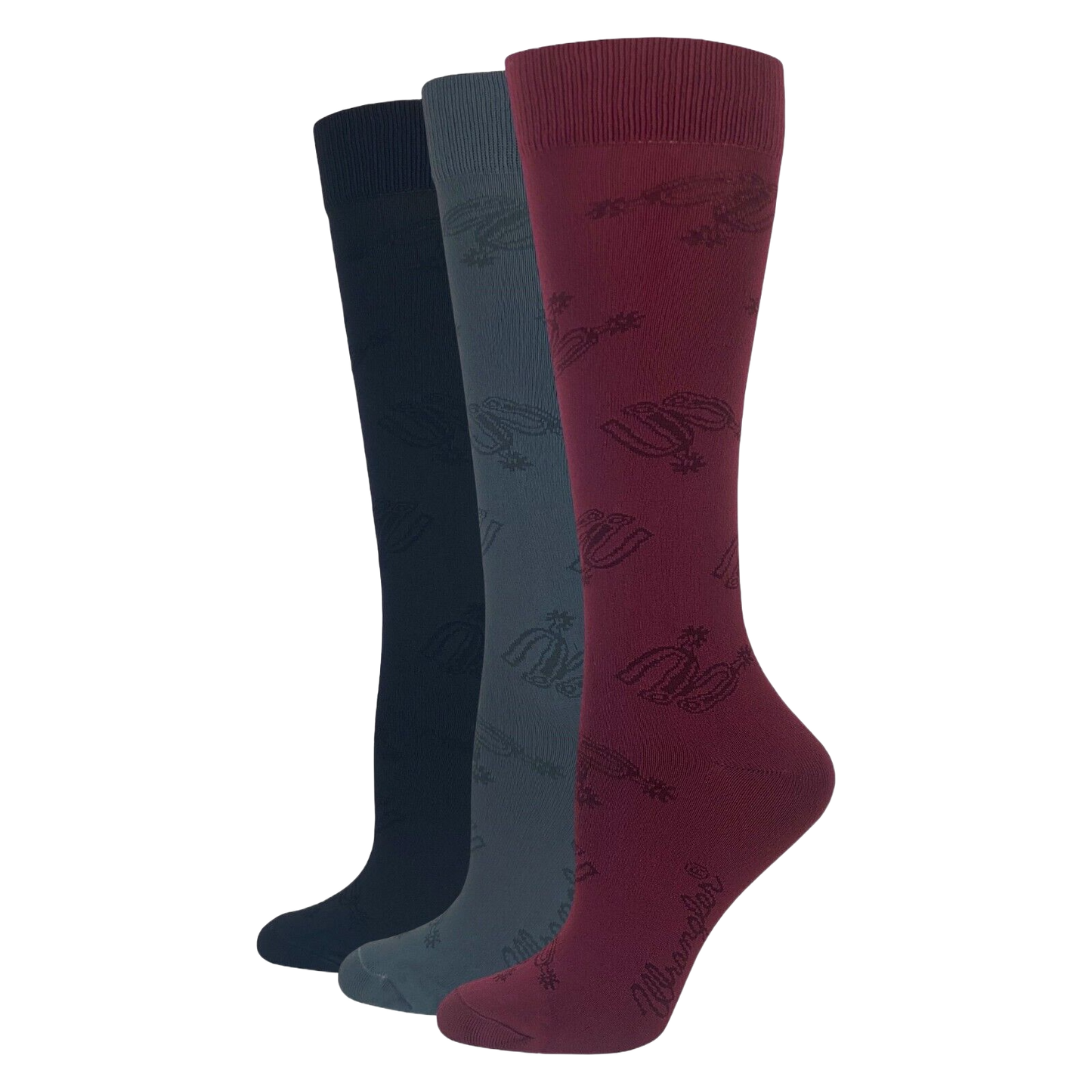 Wrangler® Ladies 3-Pair Spur Strap Pattern Black/Grey/Burgundy Knee High Socks 00712-7000-MED