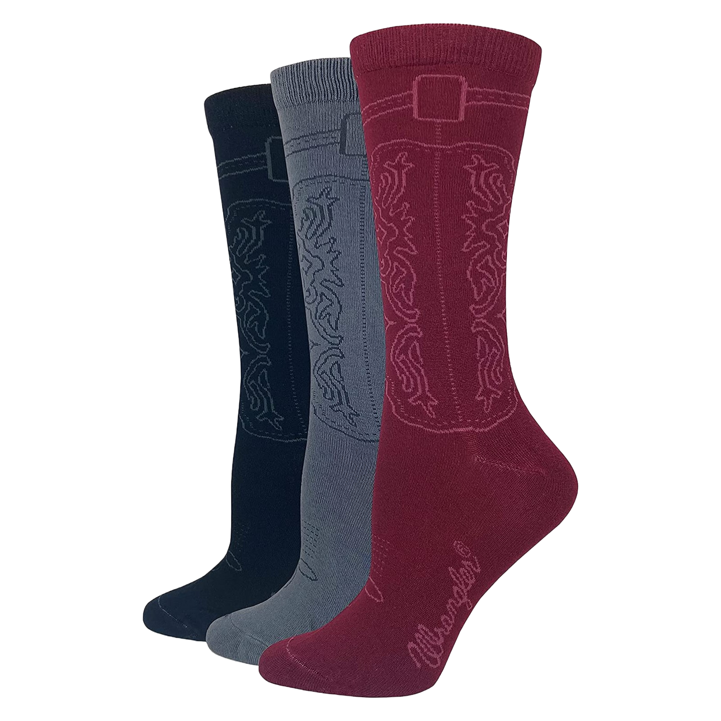 Wrangler® Ladies 3-Pair Black, Grey, & Burgundy Cowgirl Boot Socks 00230-7001-MED