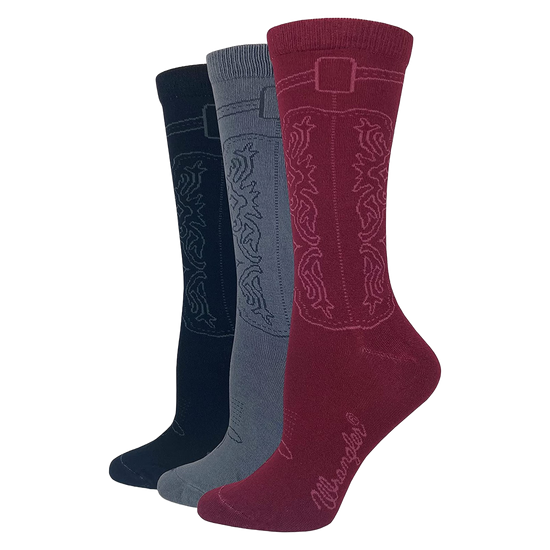 Wrangler® Ladies 3-Pair Black, Grey, & Burgundy Cowgirl Boot Socks 00230-7001-MED