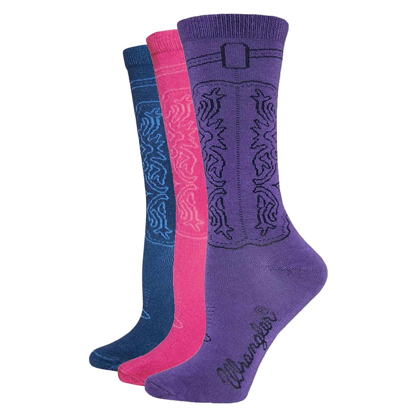 Wrangler® Girl's 3-Pair Hot Pink, Purple, & Navy Cowgirl Boot Socks 00230-7000-MED