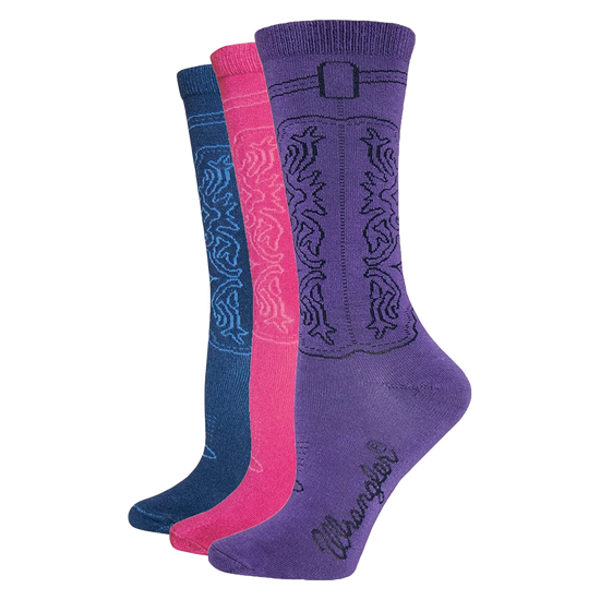 Wrangler® Girl's 3-Pair Hot Pink, Purple, & Navy Cowgirl Boot Socks 00230-7000-MED