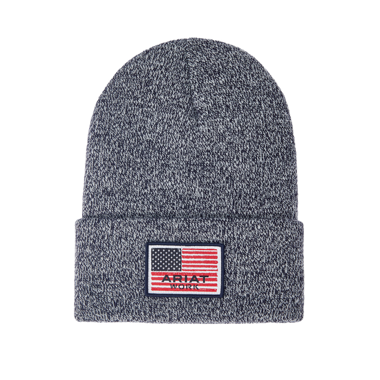 Ariat® Men's Rebar American Flag Patch Navy Marl Beanie 10041509