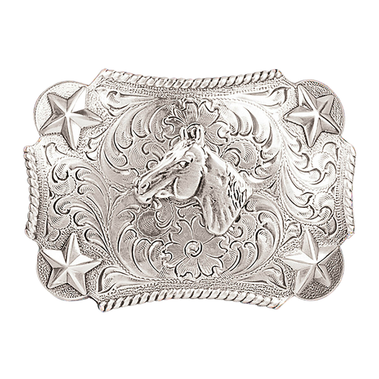Nocona Youth Silver Rectangular Horse Star Belt Buckle 3603007