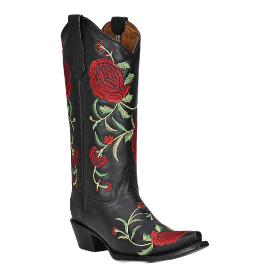 Circle G By Corral Ladies Flowered Embroidery Black Leather Boots L5846