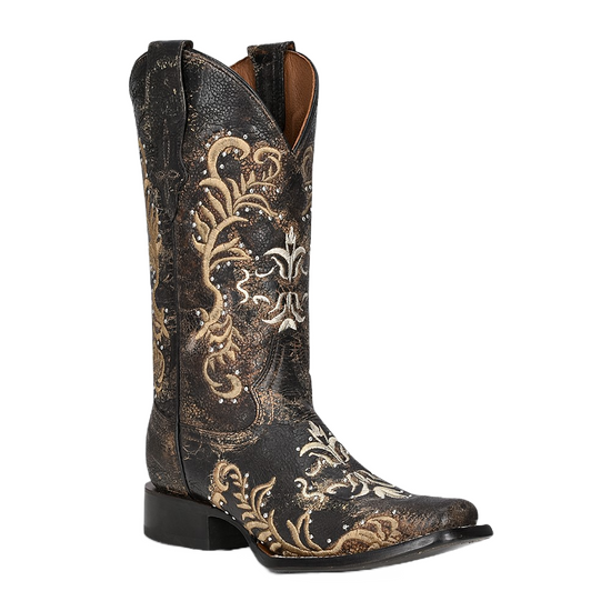 Circle G By Corral Ladies Studs & Embroidery Black & Bone Boots L2051