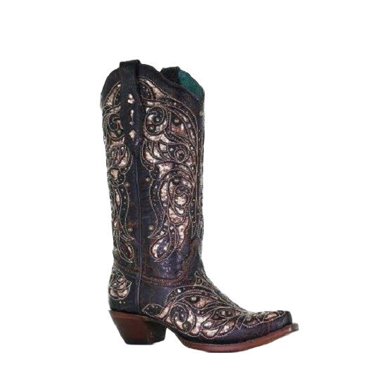 Corral Ladies Embroidery & Stud Black & Honey Inlay Boots A4124