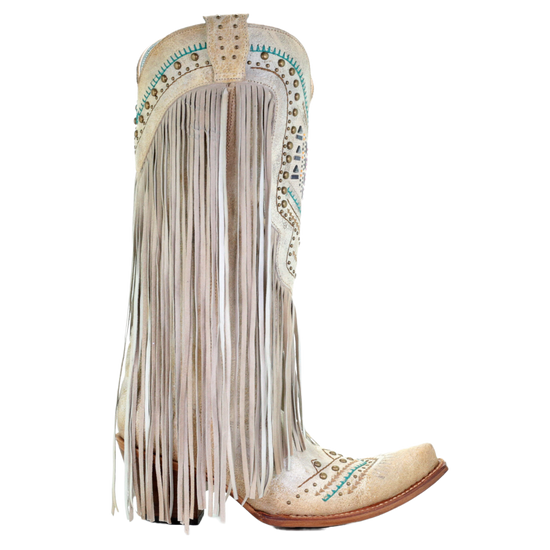 Load image into Gallery viewer, Corral Ladies Bone Multicolor Crystal and Fringe Snip Toe Boots C3424
