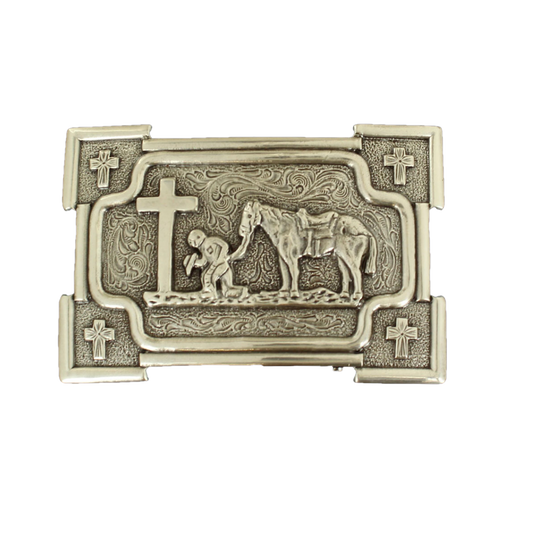Nocona Mens Praying Cowboy With Horse Rectangular Belt Buckle 37405