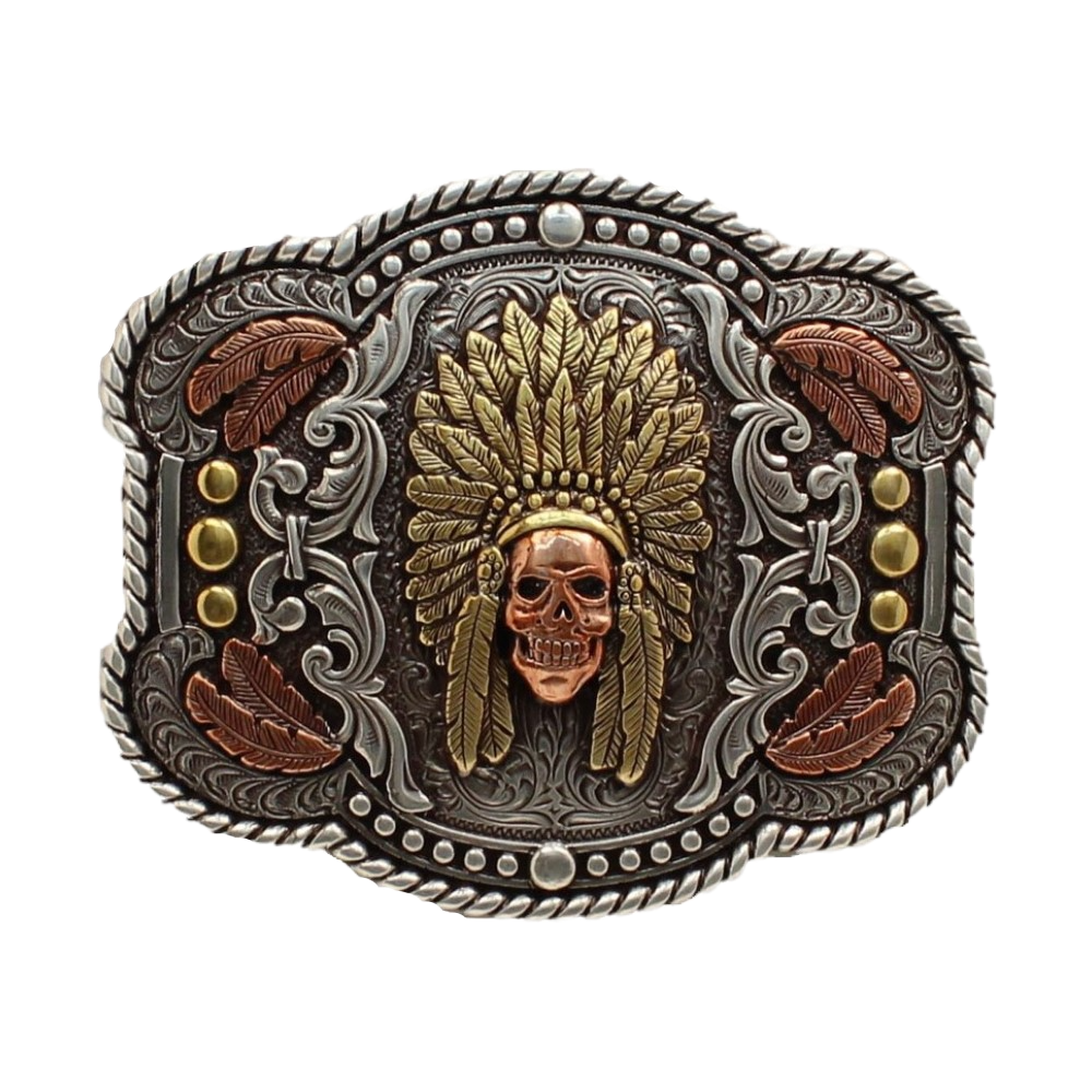 Nocona Men's Tri-Color Rope Edge Feather Chief Skull Buckle 37600