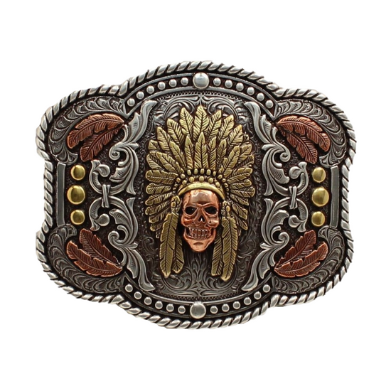 Nocona Men's Tri-Color Rope Edge Feather Chief Skull Buckle 37600