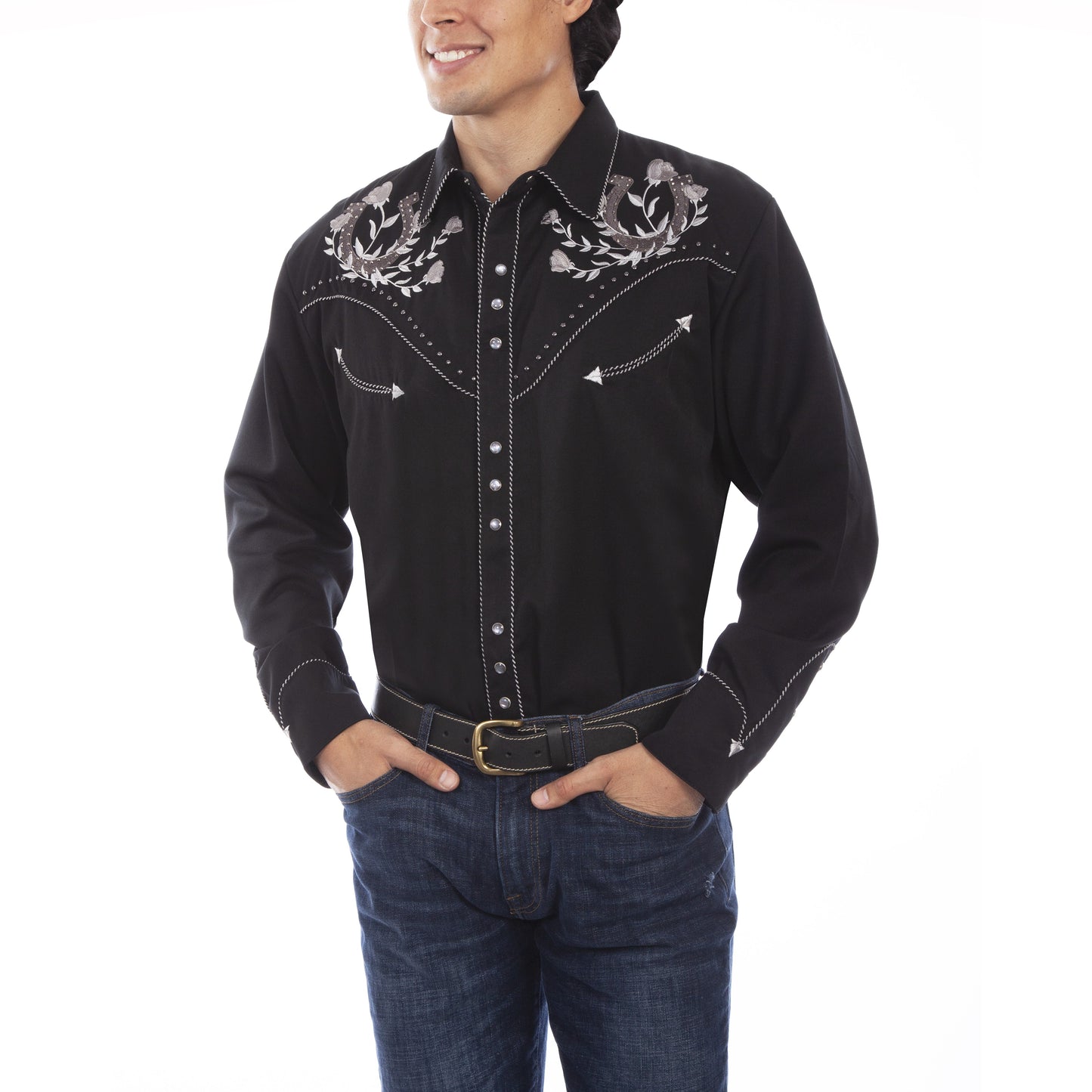 Scully Men's Horseshoe & Roses Embroidered Retro Snap Shirt P-910-BLK