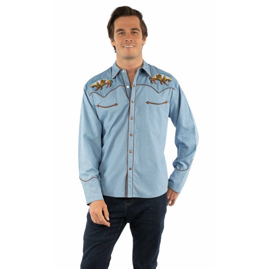 Scully Men's Buffalo Embroidery Light Blue Snap Shirt P-934-LBL