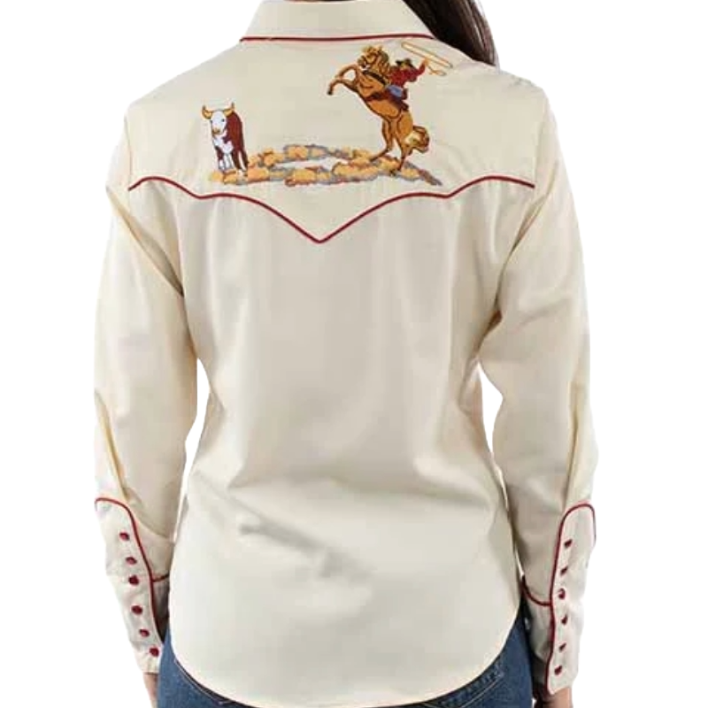 Scully Ladies Cattle Roper Embroidery Cream Western Snap Shirt PL-914