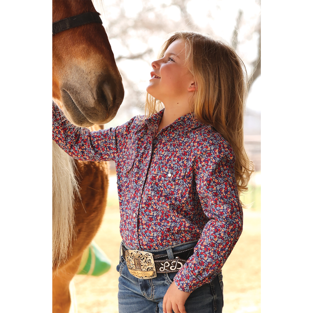 Cinch Youth Girl's Blue Floral Print Snap Down Shirt CTW3230054