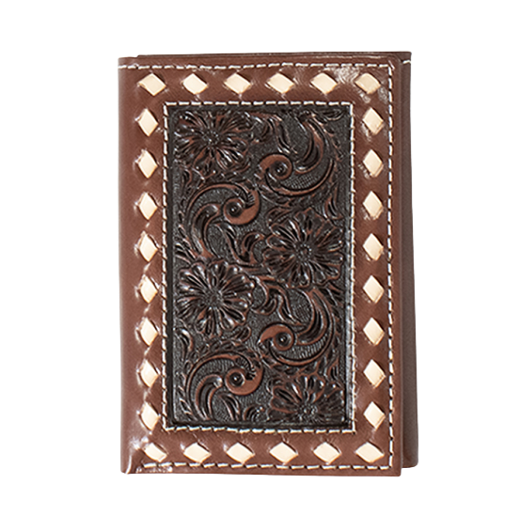 Ariat Men's Brown Floral Embossed Trifold Leather Wallet A3558202