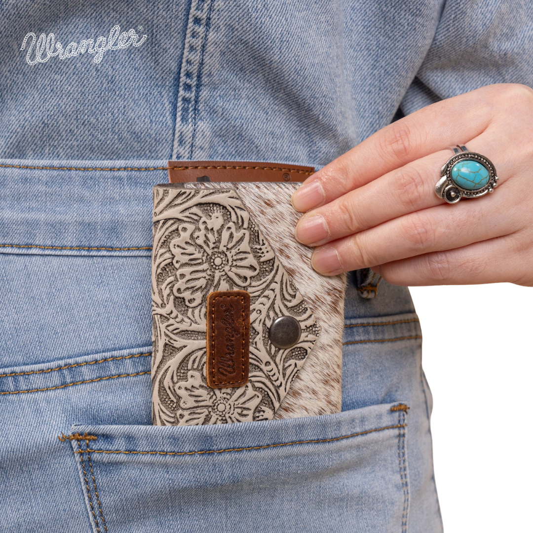 Wrangler Ladies Hair-On Cowhide Floral Tooled Card Holder WG224-W070TN