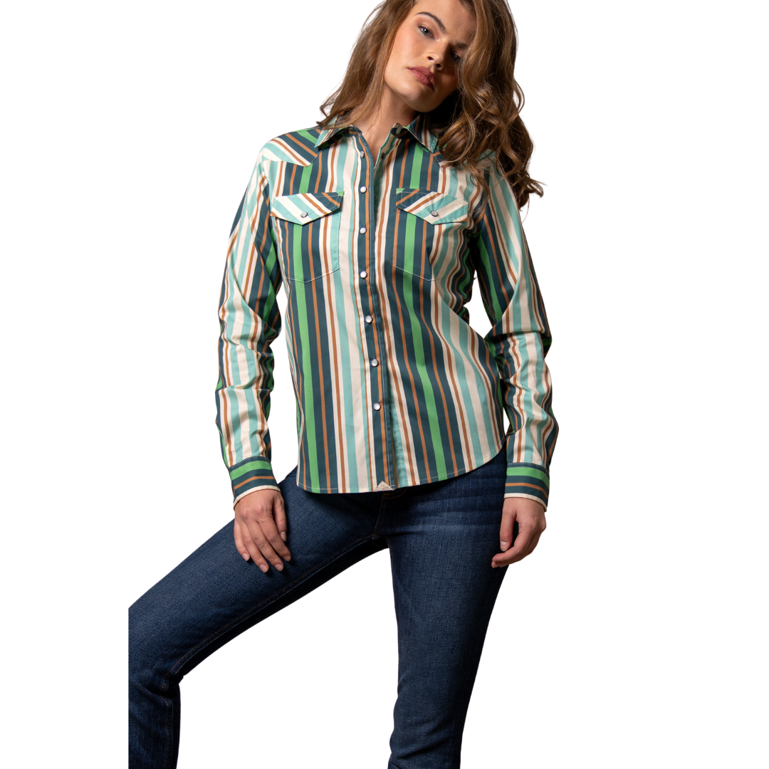 Kimes Ranch Ladies Kai Teal Stripes Snap Down Shirt WTO0000087-BL027