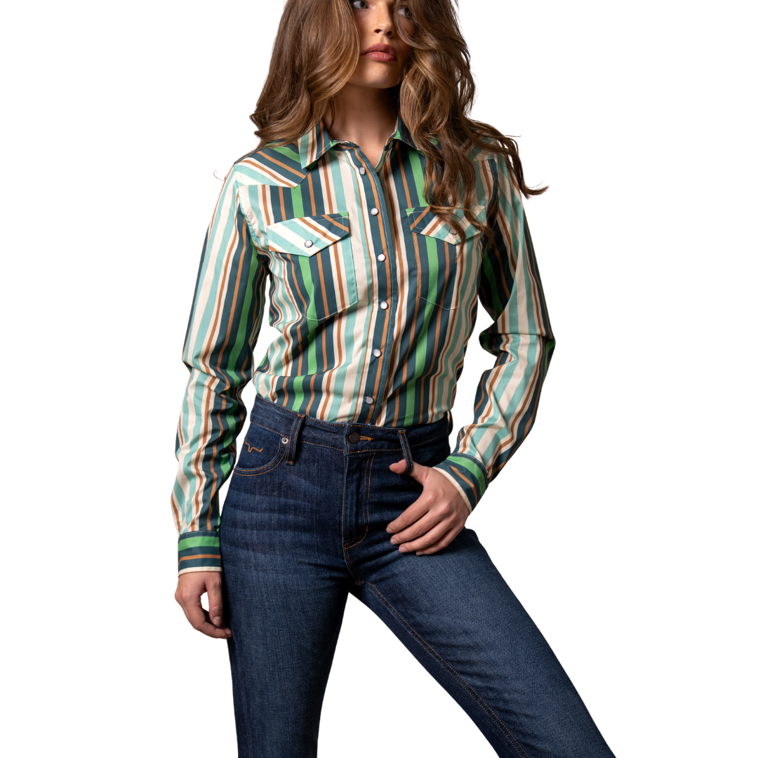 Kimes Ranch Ladies Kai Teal Stripes Snap Down Shirt WTO0000087-BL027