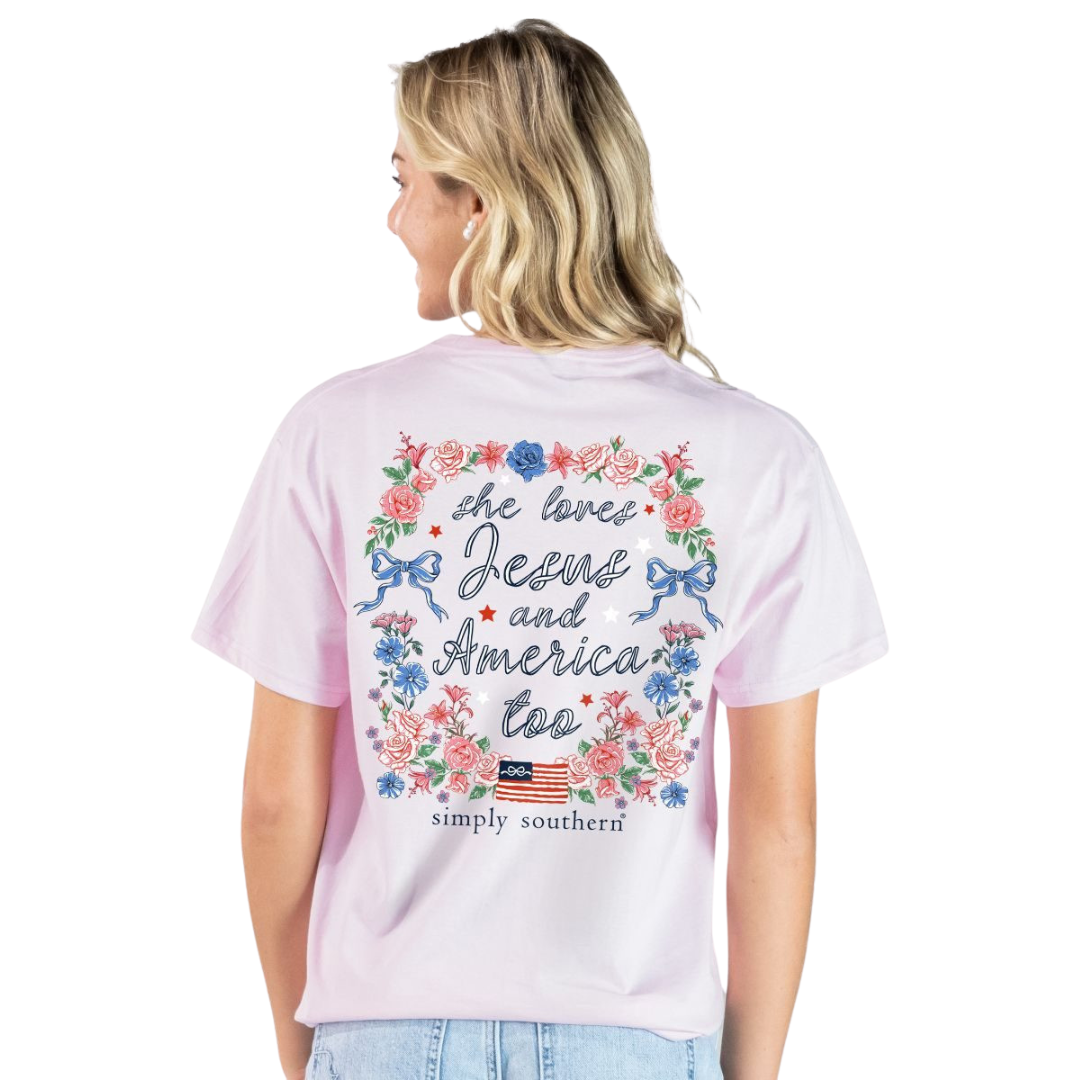 Simply Southern Ladies She Loves Jesus & America Too T-shirt SS-JESUS-PEONY