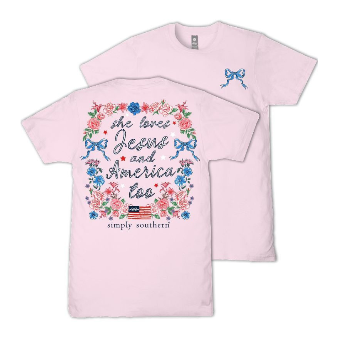 Simply Southern Ladies She Loves Jesus & America Too T-shirt SS-JESUS-PEONY