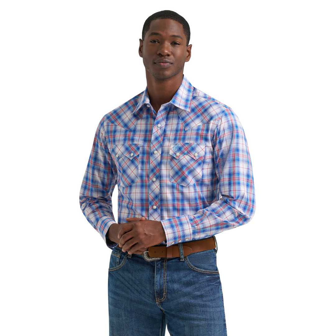 Wrangler Men's Retro Blue & Red Plaid Snap Shirt 112378925