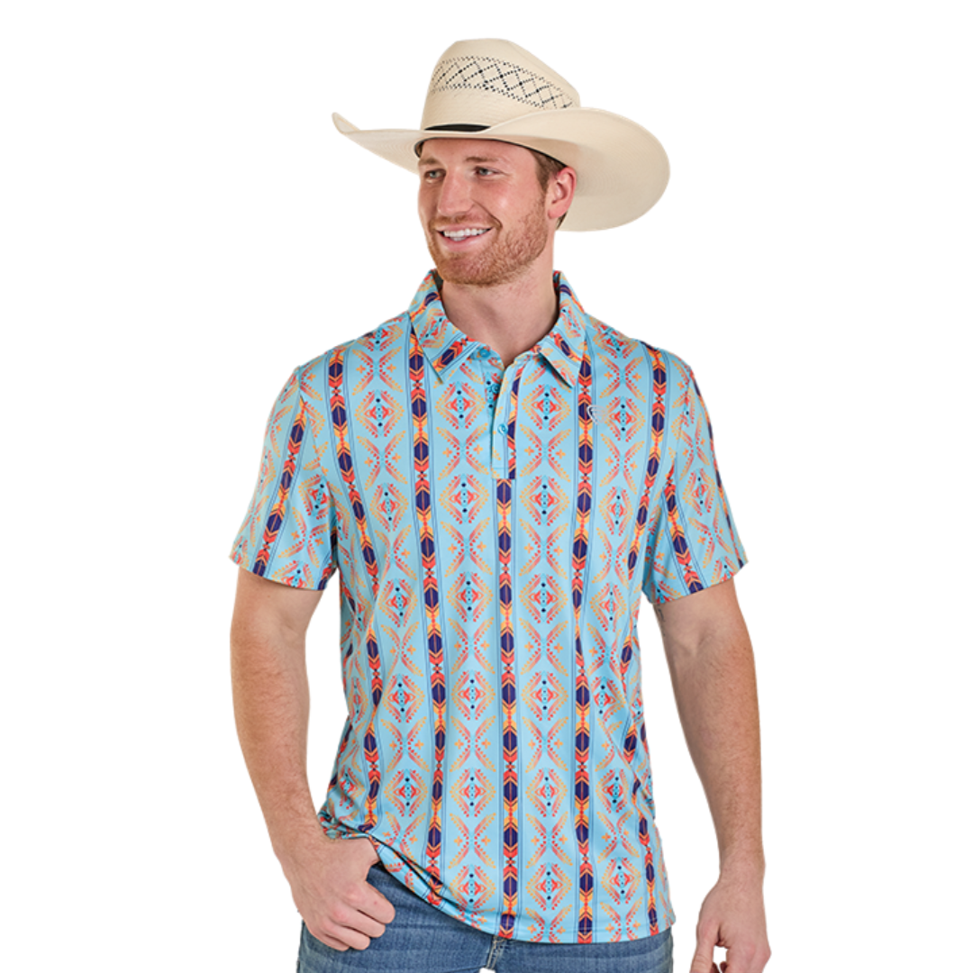 Rock & Roll Cowboy Men's Bright Turquoise Aztec Print Polo BM51T08337