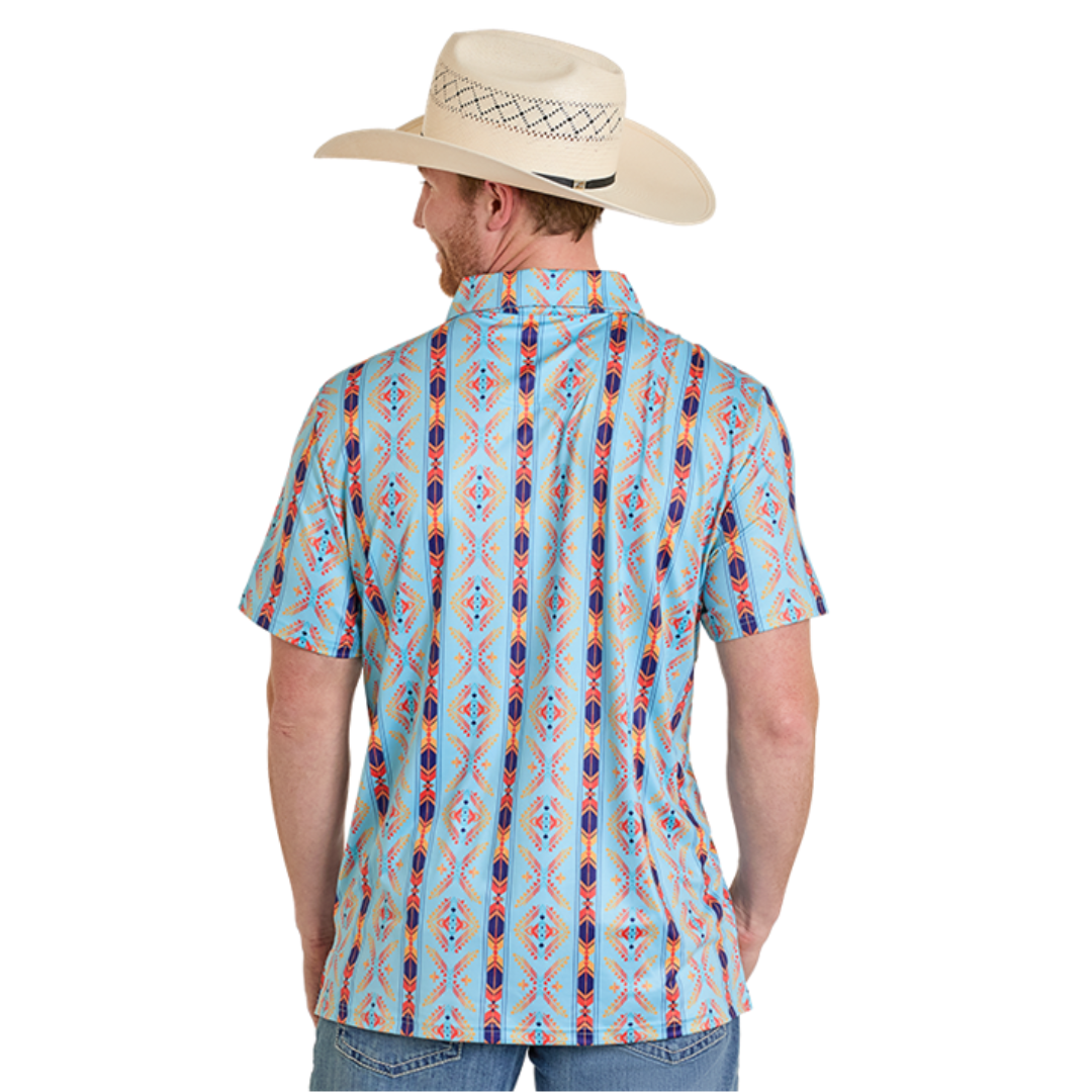 Rock & Roll Cowboy Men's Bright Turquoise Aztec Print Polo BM51T08337