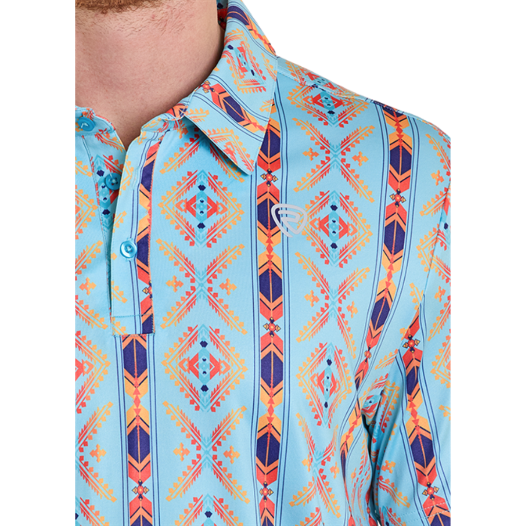 Rock & Roll Cowboy Men's Bright Turquoise Aztec Print Polo BM51T08337