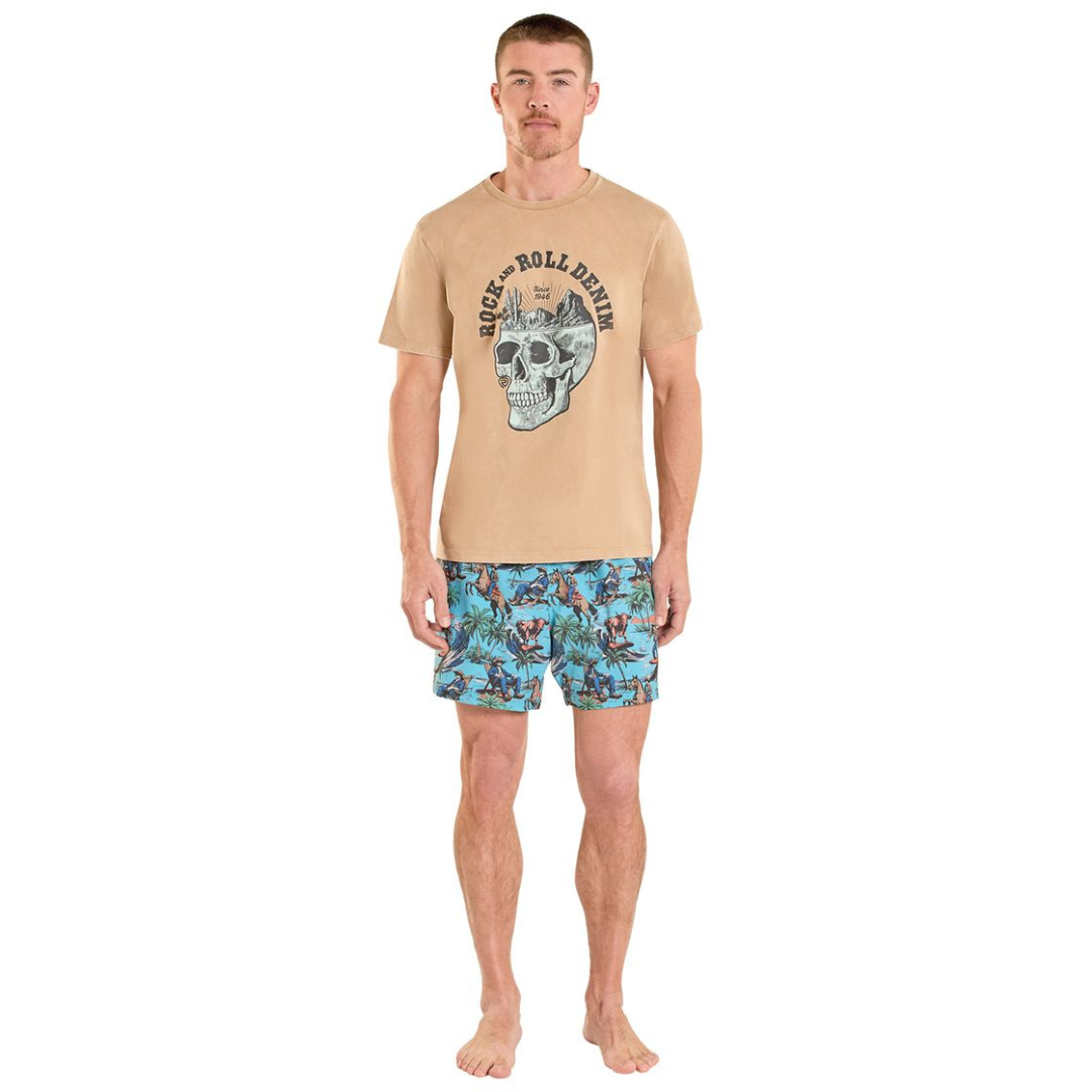 Rock & Roll Denim Men's Novelty Turquoise Volley Swim Shorts BM68W08375