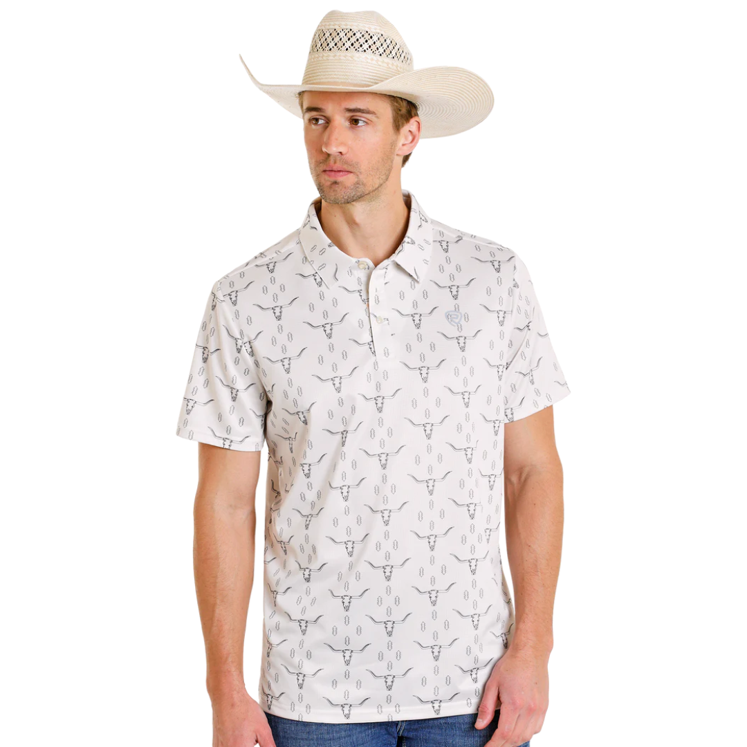 Rock & Roll Denim Men's Natural Longhorn Printed Mesh Polo Shirt BM51T08352