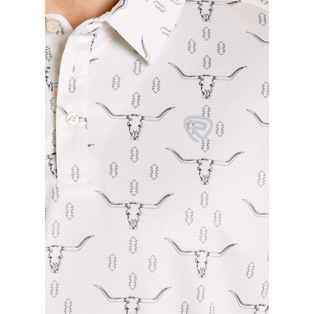 Rock & Roll Denim Men's Natural Longhorn Printed Mesh Polo Shirt BM51T08352