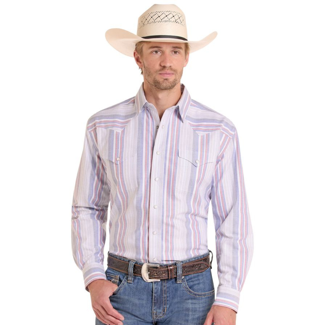 Rock & Roll Denim Men's Blue Oxford Stripe Print Snap Shirt PMN2S08892