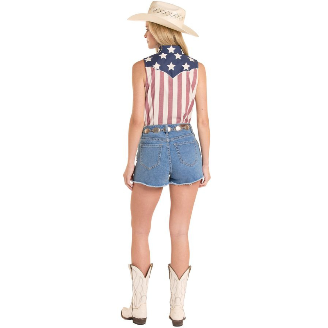 Rock & Roll Denim Ladies Americano Print Sleeveless Snap Shirt BWN0S08656