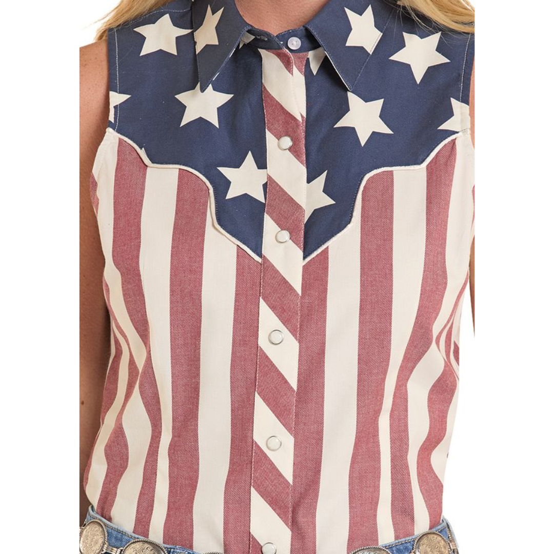 Rock & Roll Denim Ladies Americano Print Sleeveless Snap Shirt BWN0S08656