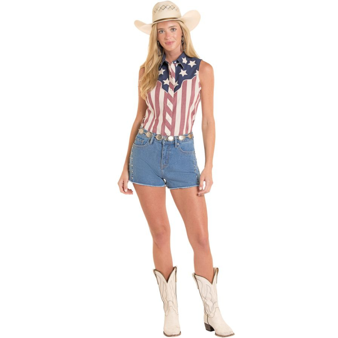 Rock & Roll Denim Ladies Americano Print Sleeveless Snap Shirt BWN0S08656