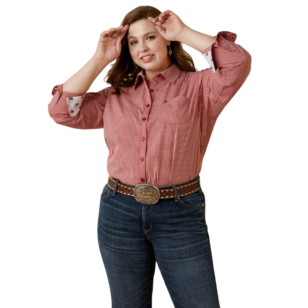 Ariat Ladies Kirby Stretch Equestrian Red Check Button Down Shirt 10044950