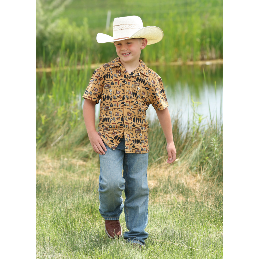 Cinch Youth Boy's Brown Camp Print Button Down Shirt MTW7170006