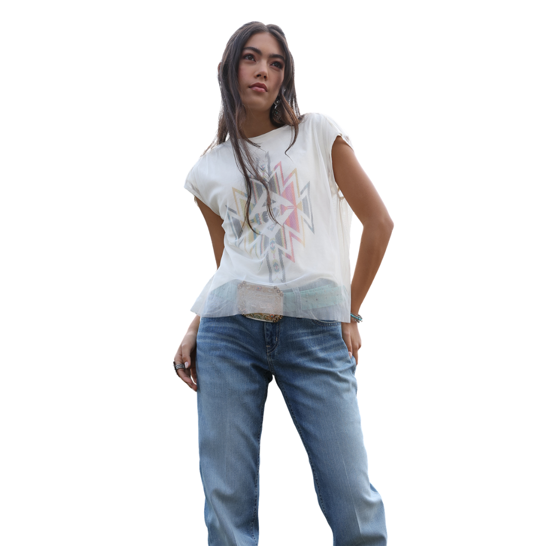Cinch Ladies White Mesh Overlay Knit Shirt CTK7503003
