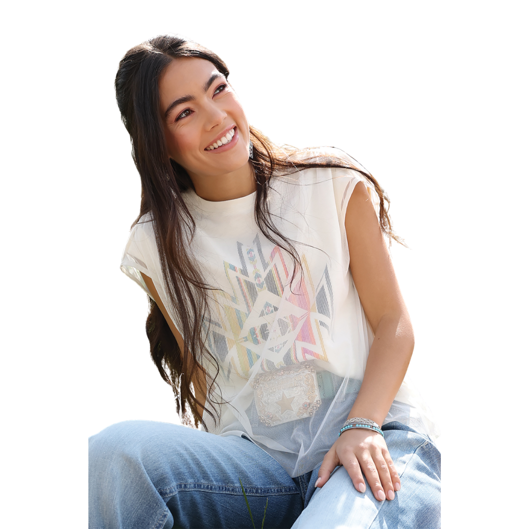 Cinch Ladies White Mesh Overlay Knit Shirt CTK7503003