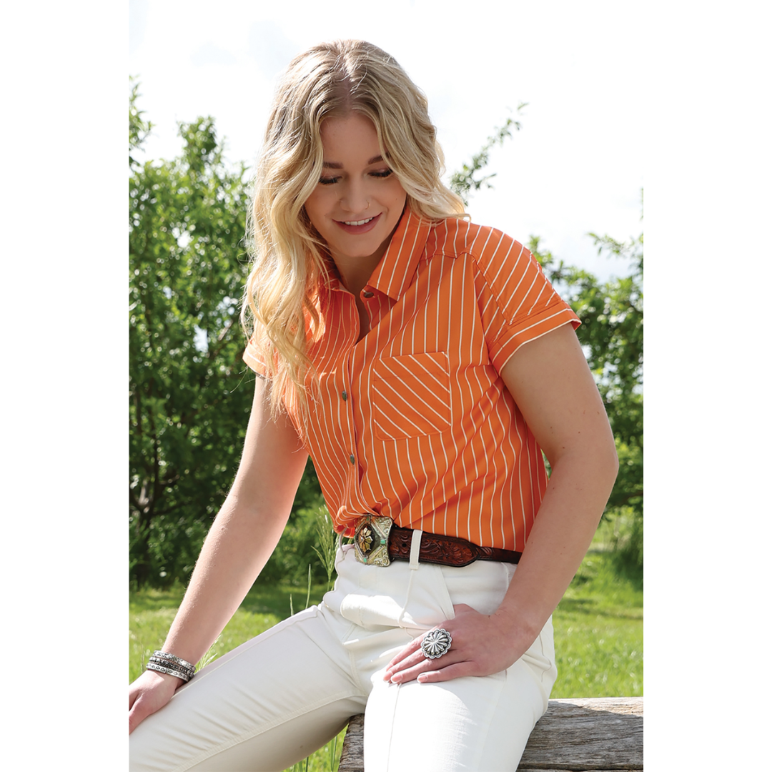 Cinch Ladies Orange Stripe Print Button Down Shirt CTW7163006