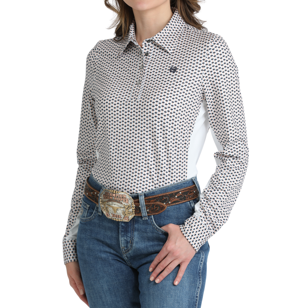 Cinch Ladies White Geometric Print Hybrid Snap Shirt MSK7917005